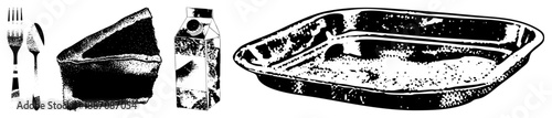Black and White Halftone Illustration of Dining Utensils, Cake Slice, Milk Carton, and Tray