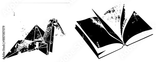 Origami Crane and Open Book Vector Illustration with Grunge Texture