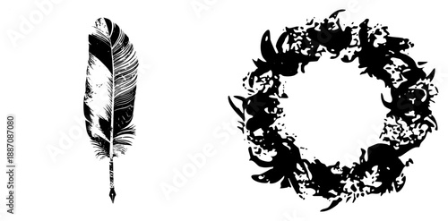 Vintage Quill Pen and Ornate Wreath Vector Silhouettes