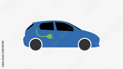 Blue electric car charging with green plug icon on white background