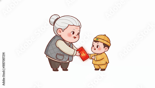 Chibi grandmother giving red envelope to little boy