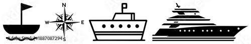 Nautical Navigation Symbols Featuring Sailboat, Compass, Yacht, and Luxury