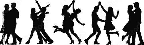Elegant dancing couples silhouettes performing romantic partner dance poses, social ballroom movements, joyful celebration choreography, isolated black figures on white background illustration