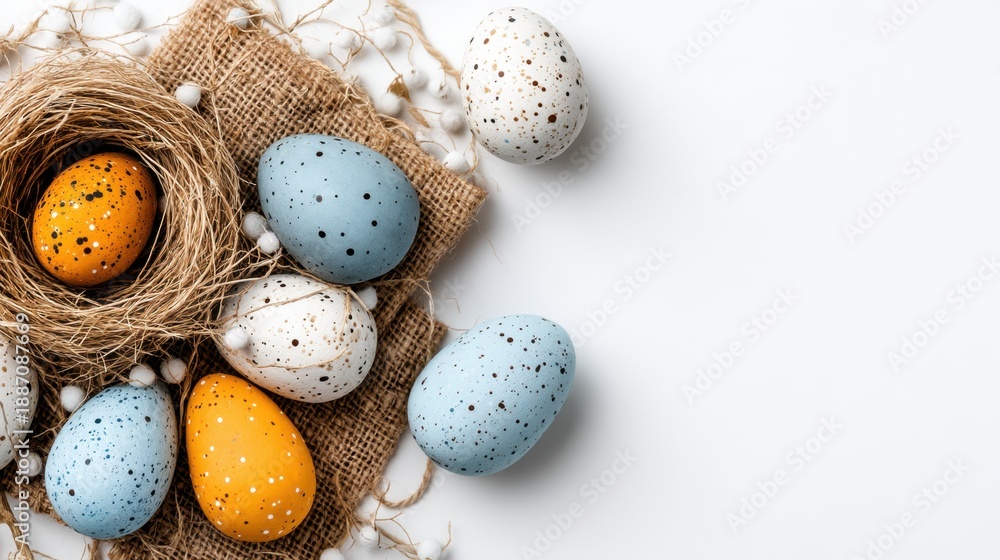 Obraz premium Colorful Easter Eggs in Nest on Rustic Fabric Background