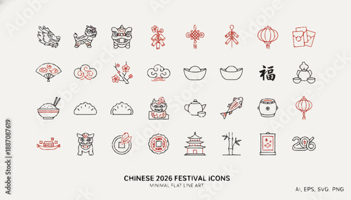 Chinese Festival Icons Minimal Flat Line Art Collection