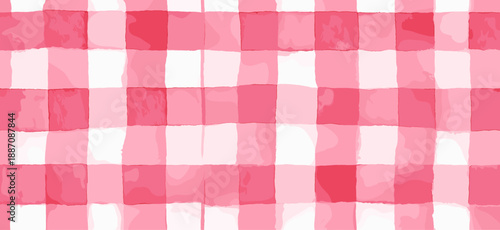 Pink and white watercolor checkered pattern creating a rustic seamless background texture. Pink watercolor gingham check seamless pattern background