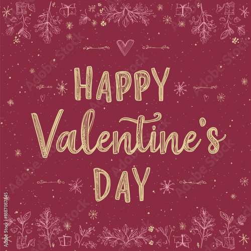 Gold happy Valentine's Day text on a red background with decorative floral elements. Happy Valentine's Day gold glitter greeting with floral ornament