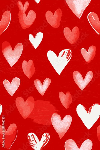 White outline and filled hearts scattering on a red watercolor textured surface. Hand drawn white hearts seamless pattern on red background