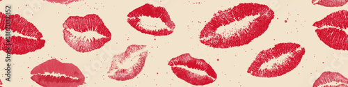 Red lipstick kiss marks covering a cream textured paper surface, creating a playful pattern. Red lipstick kiss marks seamless pattern on textured paper