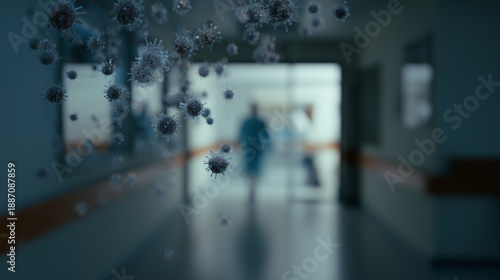 airborne infection concept in a real hospital corridor, virus particles in the foreground, realistic clinic lighting and shadows, minimal retouch, subtle film grain, visible sensor