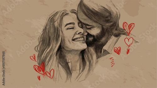 Smiling cartoon boy and girl with red hearts floating above them, depicting true love. Happy cartoon couple showing love and affection