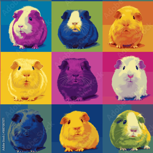 Nine cute guinea pigs in a colorful pop art distinct grid pattern. Pop art guinea pig distinct pet portraits grid
