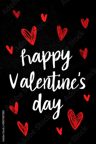 White handwritten Happy Valentines Day text surrounded by red hearts on a black background. Happy Valentines Day greeting text with red hearts