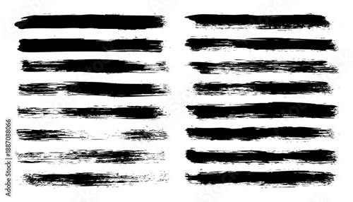 Long grunge brush strokes, lines, ink smudges, hand-drawn scribble shapes. Handmade sketchy marks, stains, charcoal streaks. Paint textures, dry brush effect. Marker underline. Vector illustration