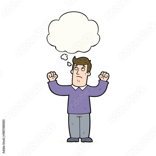 Man standing with clenched fists and thought bubble