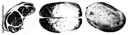 Halftone Illustration of Three Meat Cuts with Textured Rendering