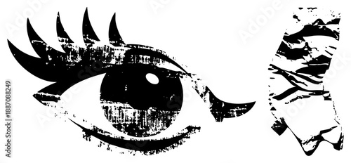Stylized Graphic Eye with Distressed Texture and Abstract Fragment