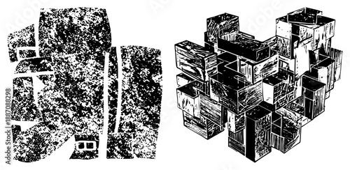 Abstract Geometric Cube Sculpture with Halftone Texture and Isometric Perspective