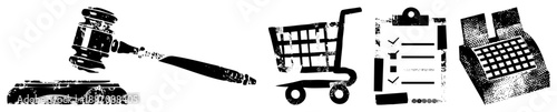 Grunge Styled of Commerce and Law Gavel, Cart, Clipboard, Cash Register