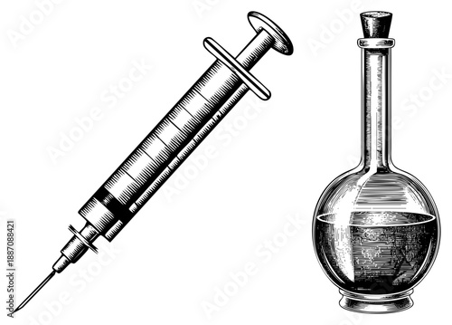 Vintage Medical Syringe and Glass Flask with Intricate Art