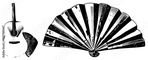 Vintage Acoustic Guitar and Handheld Fan in Halftone Vector Art
