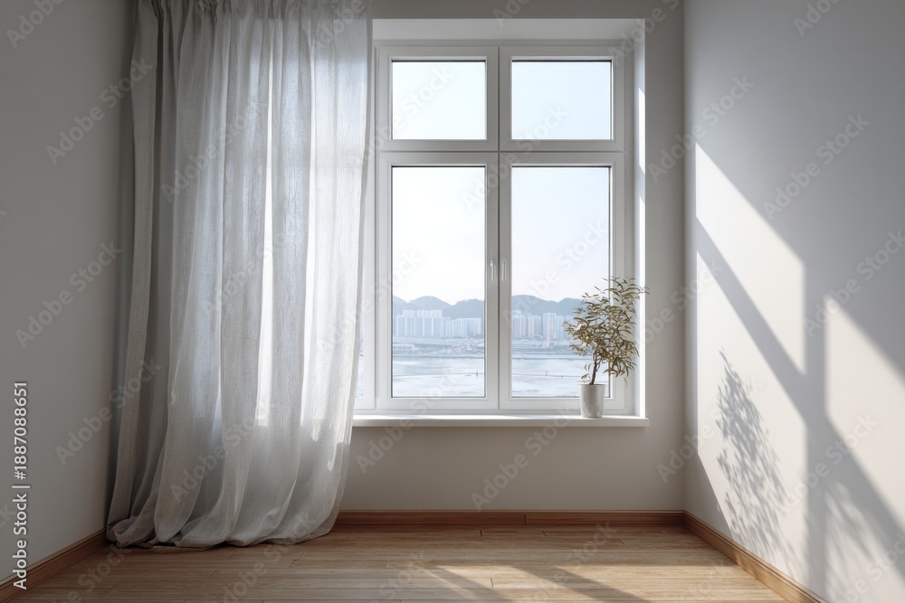 Obraz premium Sunlit room interior with white curtains, a potted plant, and city view.