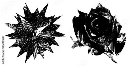 Vintage Halftone Rose and Starburst Graphic Design Elements