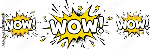 Comic WOW Sound Effect Explosion Speech Bubble Set Pop Art Vector