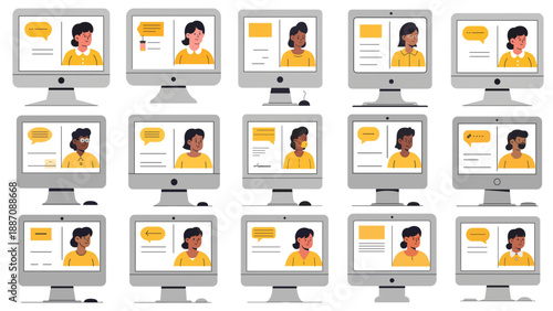 Set of Flat Vector User Profile Icons on Desktop Computer Screens for Web Design and UI