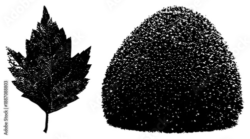 Textured Black Leaf and Bush Silhouettes with Halftone Grain Effect