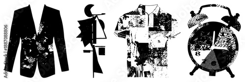 Abstract Black and White Silhouettes of Suit, Windmill, Shirt, and Alarm Clock