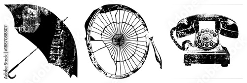 Vintage Umbrella, Fan, and Rotary Phone in Grunge Vector Set