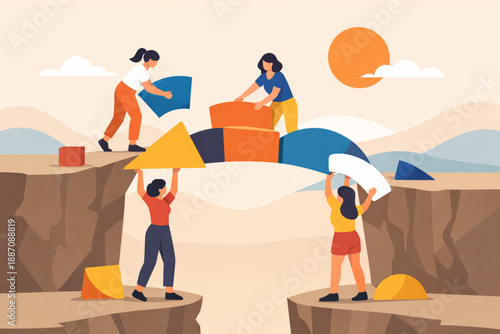 Women building abstract bridge from fragmented shapes symbolizing collaboration and progress in animated flat style