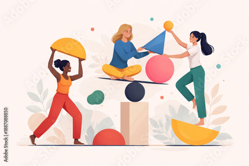 Women creating harmony from floating geometric forms in balanced modern flat design illustration