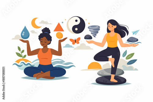 Women balancing abstract elements in harmony symbolizing resilience and adaptability in flat vector style
