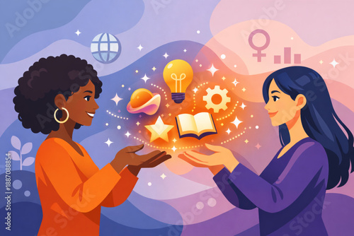 Women exchanging glowing abstract shapes representing shared knowledge and empowerment in flat vector style