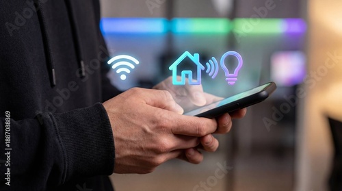 Man using smartphone with smart home and WiFi icons floating above