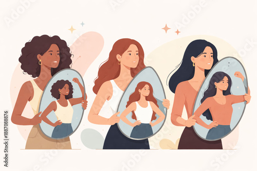 Women holding abstract mirrors reflecting strength and confidence in minimal elegant flat vector style