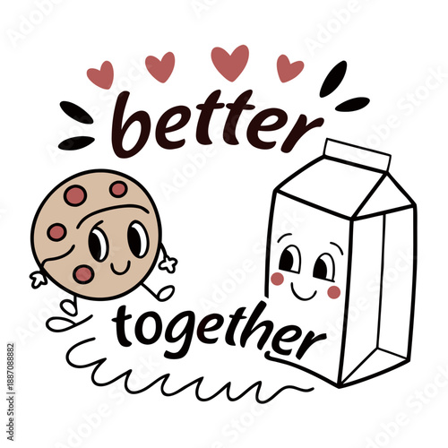 Cute Cookie and Milk Cartoon – Better Together Valentine's Day Illustration, Sweet Food Couple, Romantic Love Hearts, Kawaii Hand Drawn Graphic, Friendship Concept, Minimalist Flat Vector Design, Icon