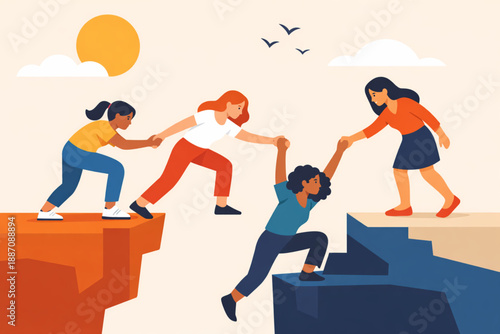 Women lifting each other across abstract gaps representing solidarity and trust in flat vector style
