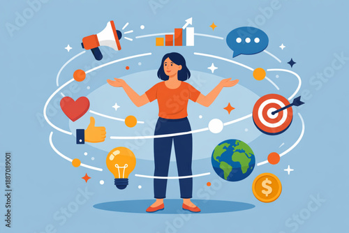 Women surrounded by orbiting abstract elements representing influence and impact in flat vector scene