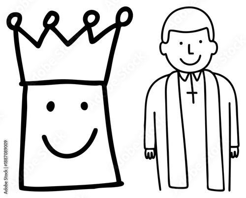 Smiling King Crown and Cleric Priest Standing Side by Side