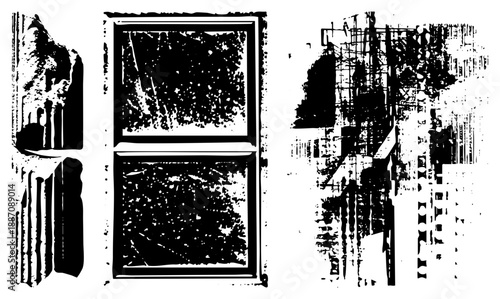 Abstract Grunge Textured Window Panels with Distorted Architectural Silhouettes