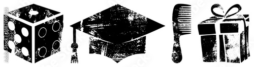 Vintage Style Set Featuring Dice, Grad Cap, Comb, and Gift Box