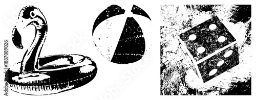 Vintage Style Swimmer’s Float with Flamingo, Beach Ball, and Dice in Grunge Vector Art