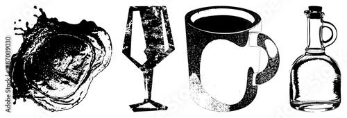 Vintage Halftone Illustration of Four Beverage Containers and Liquid Splash