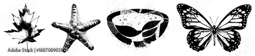 Four Nature in Halftone Vector Style Leaf, Starfish, Mask, Butterfly