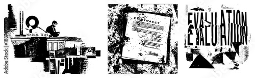 Abstract Collage of Contract, Evaluation, and Annual Travel Symbols in Halftone Style