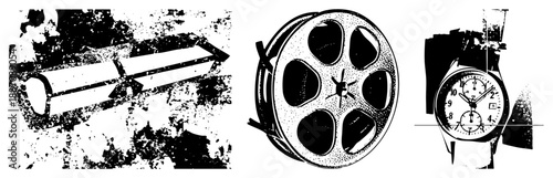 Vintage Film Reel,, and Chronograph Watch in Halftone Vector Style