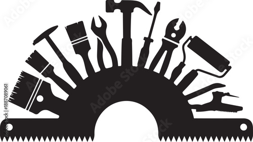Construction and painting tools silhouette assortment featuring brushes and hammers for builder service